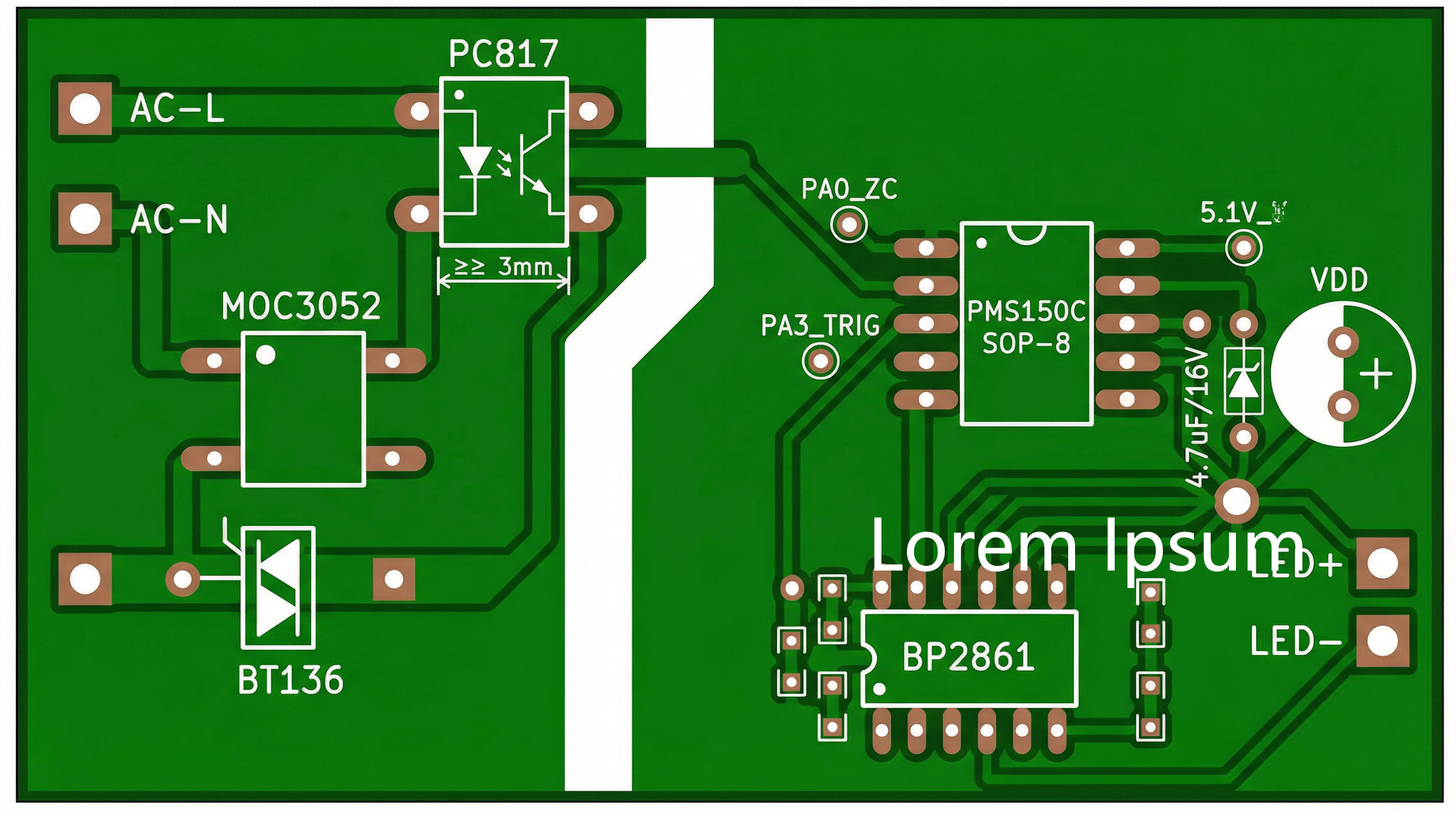 PMS150C LED球泡灯驱动PCB布局：高压与低压隔离，单点接地