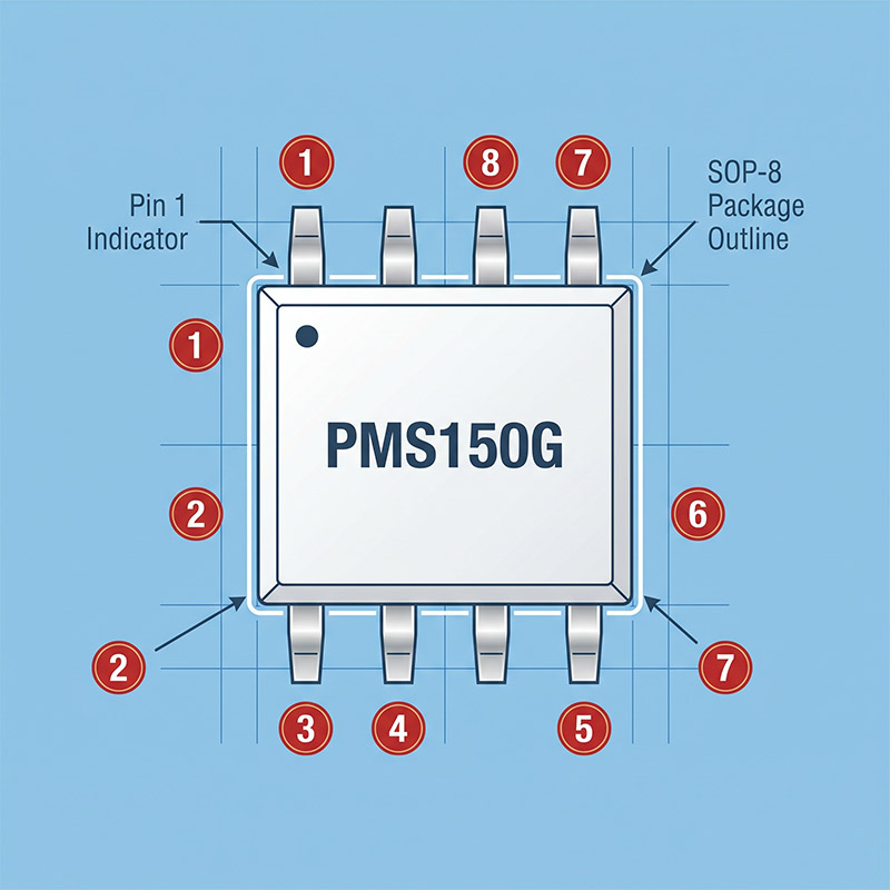 PMS150G单片机SOP-8封装引脚功能定义图，标注VDD、PA0、PA4、PA5、PA6、PA7、VSS、PA3等引脚