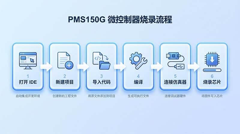 应广单片机烧录流程图，展示从IDE启动到观察LED闪烁的6个关键步骤