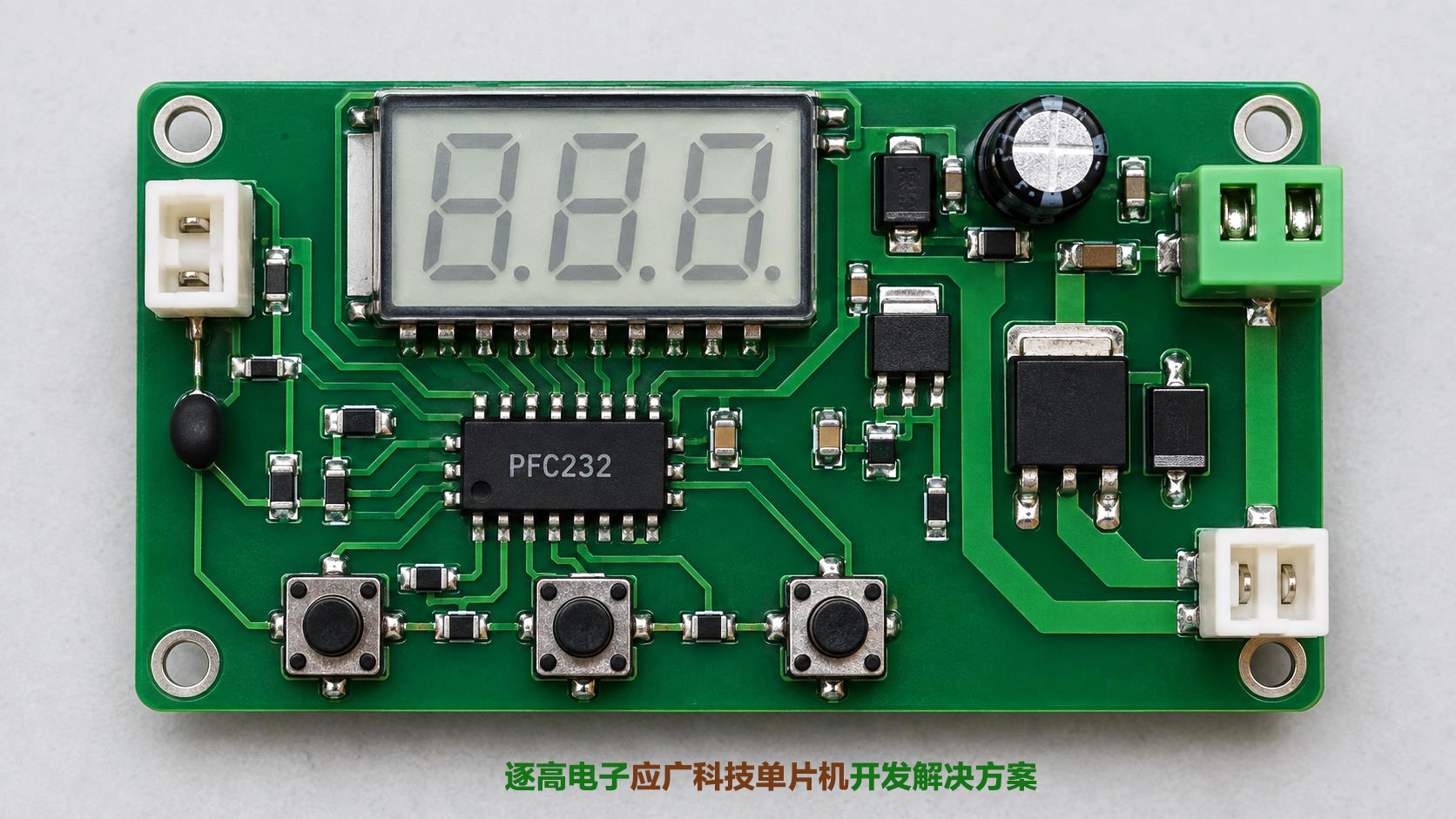 PFC232风扇温控器原创PCB布局示意，中央PFC232芯片、顶部三位LCD、底部三按键、左侧NTC输入、右侧MOSFET和风扇接口